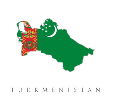 Country shape outlined and filled with the flag of Turkmenistan. A green field with red stripe containing five carpet guls stacked above two crossed olive branches; a white crescent and stars.のイラスト素材