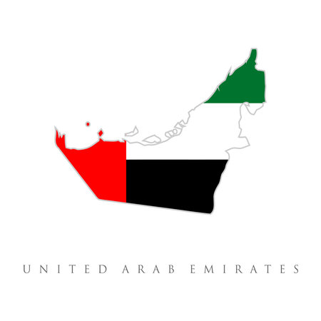 Map of United Arab Emirates with flag. Vector isolated simplified illustration icon with silhouette of United Arab Emirates map. National flag. White backgroundのイラスト素材