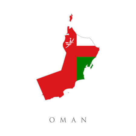 Flag of Sultanate of Oman overlaid on outline map isolated on white background. Map of Oman with flagのイラスト素材
