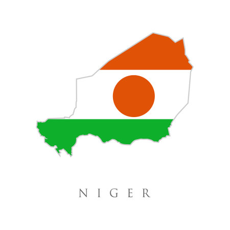 Map of Niger on a blue background, Flag of Niger on it. Vector isolated simplified illustration icon with silhouette of Niger map. National flag. White backgroundのイラスト素材