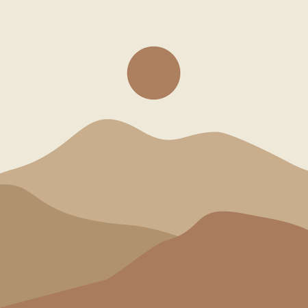 Abstract contemporary aesthetic background with desert, mountains, Sun. Earth tones, burnt orange, terracotta colors. Boho wall decor. landscapes set with sunrise, sunset. Earth tones, pastel colors.のイラスト素材