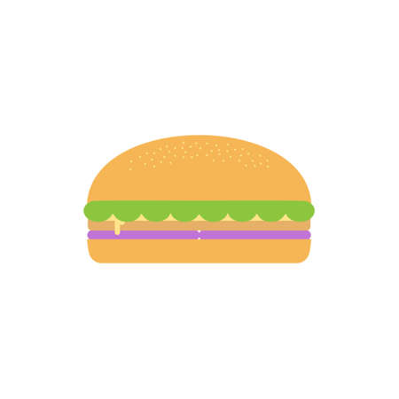 Burger with salad, tomatoes, cheese and cutlet. Fast food. Vector illustration. Fast food hamburger dinner and restaurant, tasty unhealthy fast food classic nutrition in flat style.のイラスト素材