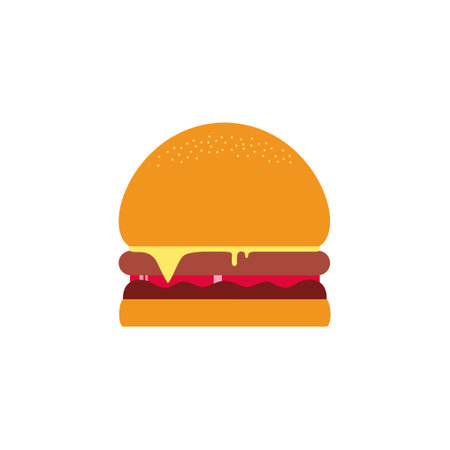 Delicious hamburger. Vector flat design burger icon. Burger with salad, tomatoes, cheese and cutlet. Fast food. Vector illustrationのイラスト素材