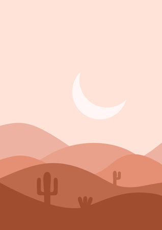 desert flat landscape vector illustration. Sunset Desert and Cactus Landscape illustration.mountains and cactus in flat cartoon style.のイラスト素材