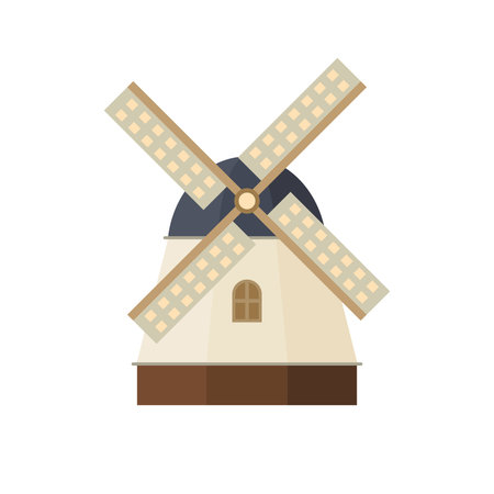 Traditional dutch windmill flat design vector illustration. Traditional dutch farm buildings for grinding wheat grains to flour. countryside architecture isolated on white backgroundのイラスト素材