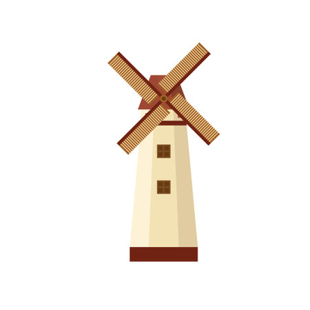 Traditional dutch windmill flat design vector illustration. Traditional dutch farm buildings for grinding wheat grains to flour. countryside architecture isolated on white backgroundのイラスト素材