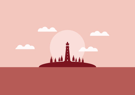 view of the lighthouse on the seashore with sunset or sunrise flat design vector illustrationのイラスト素材