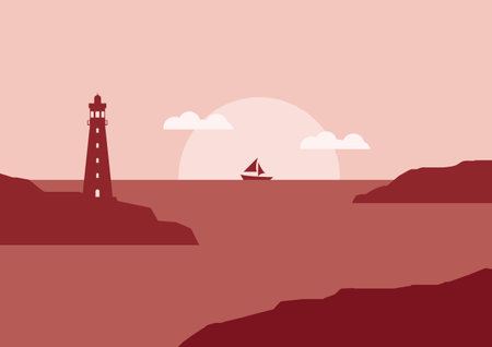 view of the lighthouse on the seashore with sunset or sunrise flat design vector illustrationのイラスト素材