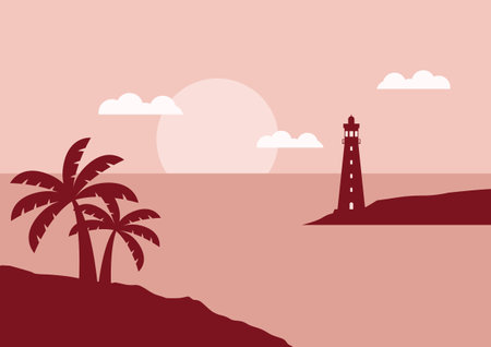 view of the lighthouse on the seashore with sunset or sunrise flat design vector illustrationのイラスト素材