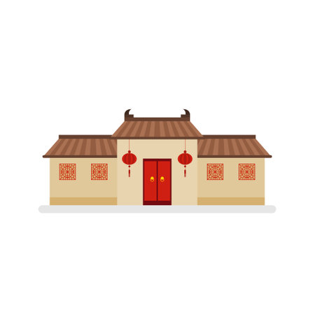 traditional chinese house flat design vector illustration. Cultural Oriental Architecture. China town house facade exterior design. Chinatown city structure,ethnic asian pavilion or templeのイラスト素材