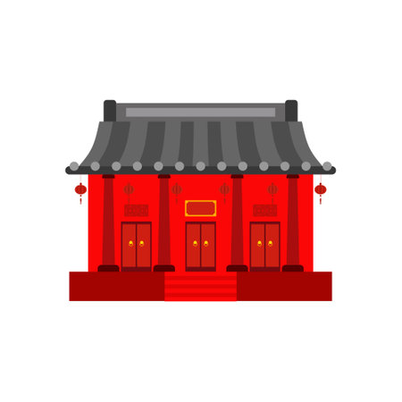 traditional chinese house flat design vector illustration. Cultural Oriental Architecture. China town house facade exterior design. Chinatown city structure,ethnic asian pavilion or templeのイラスト素材