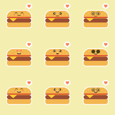 Burger. Cute and kawaii fast food vector character set isolated on color backgroundのイラスト素材