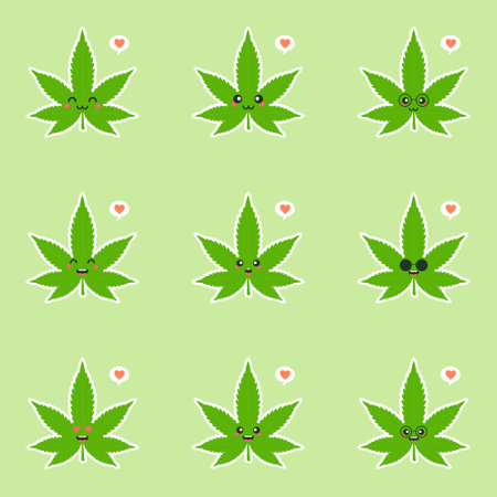 Cute and kawaii smiling happy marijuana weed green leaf face. Vector flat cartoon character illustration icon design. Isolated on color background. marihuana ganja, medical and recreation cannabisのイラスト素材