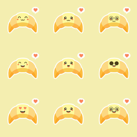 Croissant cartoon character doodle showing some love with flying hearts. Perfect croissant love mascot for your bakery. Funny and cute food logo drawing. Isolated vector illustration.のイラスト素材