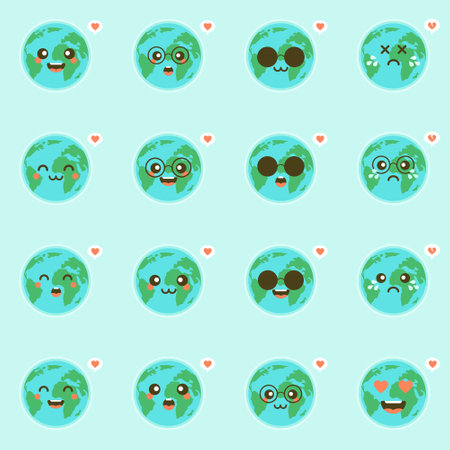 Cute funny world Earth emoji showing emotions of colorful characters vector Illustrations. The Earth, save the planet, save energy, the concept of the Earth dayのイラスト素材