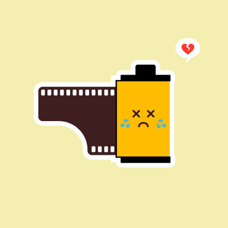 roll film flat design vector illustration. kawaii camera roll film emoji with funny expression, analog camera cartoon. analog photography icon, analogue photography mascot. vintage filmのイラスト素材
