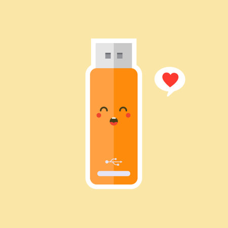 kawaii and cute USB Flash Drive icon isolated on color background. Memory Stick icon in flat style. Flash disk character with face expression. can use for technology, mascot, IT element, website, iconのイラスト素材