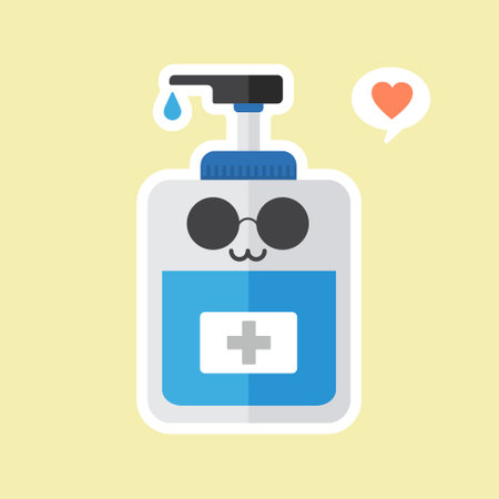 cute and kawaii disinfection or and sanitizer bottle, washing gel. Vector illustration suitable for hygiene, disinfect, medical, clean life, anti virus, bacteria, health care, disease spread, germsのイラスト素材