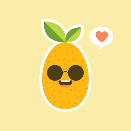 Cartoon character design. Oval kumquat with green leaf. cute and kawaii Fruit Flat vector illustration isolated on color backgroundのイラスト素材