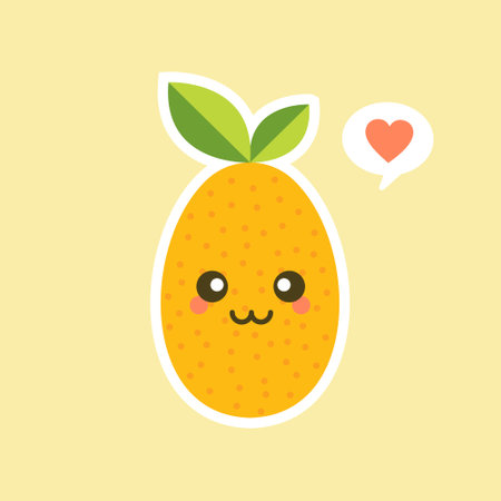 Cartoon character design. Oval kumquat with green leaf. cute and kawaii Fruit Flat vector illustration isolated on color backgroundのイラスト素材