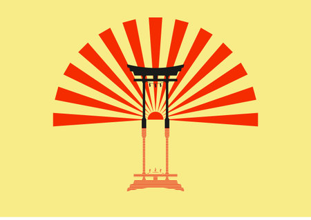 Japanese Torii gate. Symbol of Japan, shintoism religion. Red wooden sacred tori arch. Ancient entrance, Eastern heritage and landmark. Oriental religious architecture. Flat design vector illustrationのイラスト素材