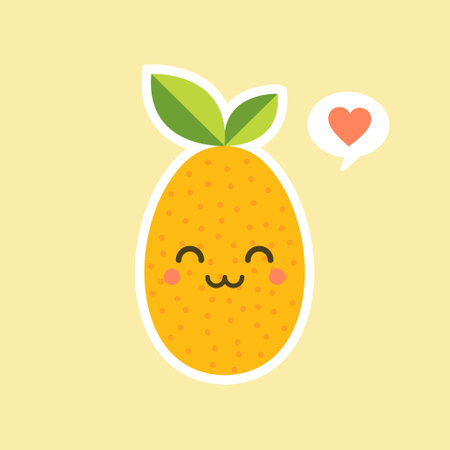 Cartoon character design. Oval kumquat with green leaf. cute and kawaii Fruit Flat vector illustration isolated on color backgroundのイラスト素材