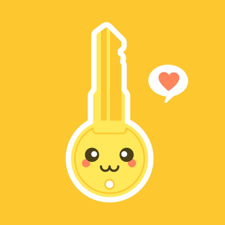 cute and kawaii key lock flat design vector illustration. cartoon character for security, alarm, lock, close, safety houseのイラスト素材