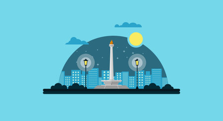 Monas Flat Vector Design Illustration. National Monument of Indonesia the Landmark of Jakarta City. Monumen Nasional Jakarta Tugu Monas, Capital City of Indonesia.のイラスト素材