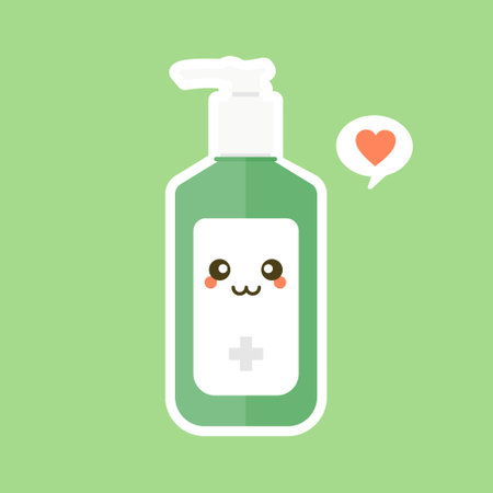 cute and kawaii disinfection or and sanitizer bottle, washing gel. Vector illustration suitable for hygiene, disinfect, medical, clean life, anti virus, bacteria, health care, disease spread, germsのイラスト素材