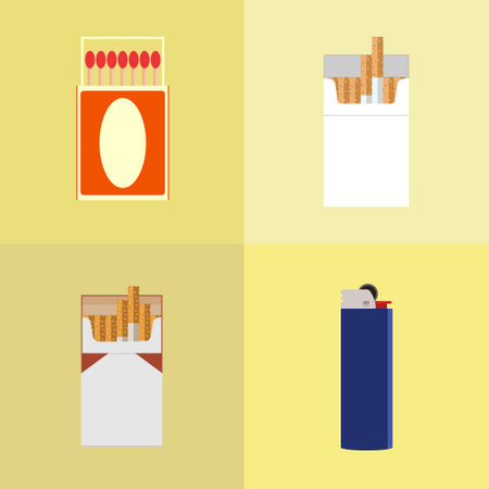 Smoking set. Pocket lighter, cigarette and pack of cigarettes. smoking flat design vector illustrationのイラスト素材