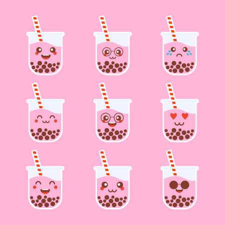 kawaii cute emoji sticker set of character cartoon bubble milk teaのイラスト素材