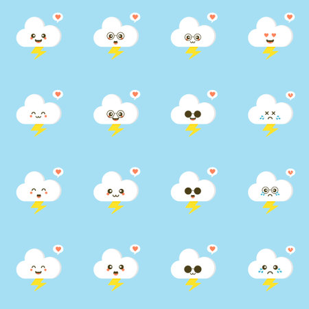 Colorful weather forecast icons. Funny cartoon lightning and clouds. Adorable faces with various emotions. Flat vector for mobile app, emoji, sticker, children book or print. kawaii cloud characterのイラスト素材