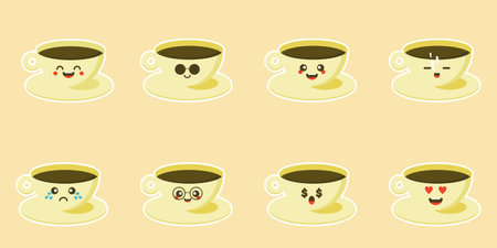 Colored beautiful cups character in flat designs with cute cartoon faces. Hot coffee and tea. Set of coffee cup emoticons. Collection with different expressions. Flat design.Avatars, cards, stickerのイラスト素材