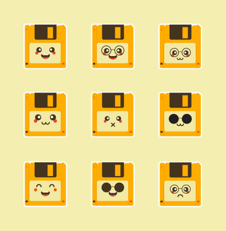 Cute diskettes with face. Vector design isolated on color background.floppy disk emoji vector character with face expression illustration emotional setのイラスト素材