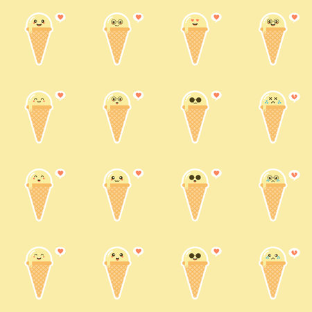 ice cream Food concept. Emoji Emoticon collection. Cartoon characters for kids coloring book, colouring pages, t-shirt print, icon, logo, label, patch, sticker. kawaii and cute modern designのイラスト素材