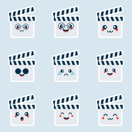 Set of Cute Clapperboard Icons In Different Expressions. Flat design. Avatars, cards,stickers, sites, calendars. Vector illustrationのイラスト素材