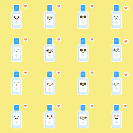 cute and kawaii disinfection or and sanitizer bottle, washing gel. Vector illustration suitable for hygiene, disinfect, medical, clean life, anti virus, bacteria, health care, disease spread, germsのイラスト素材