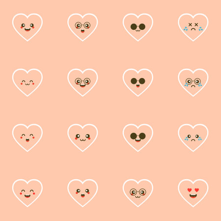 Cute set of holiday Valentines day funny cartoon character of emoji hearts. Vector illustration of cute and kawaii heart. Art design for Valentine's Day greetings and card, web, banner, love symbolのイラスト素材