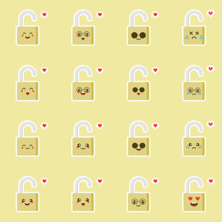 cute and kawaii padlock flat design vector illustration. Funny padlock character with smiling human emoji, cartoon vector illustration isolated on color background. Cute and funny mascotsのイラスト素材