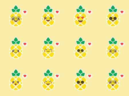 Set of pineapples character. Summer collection of sunglasses on smiling pineapple characters. Cute cartoon vector illustration. Design element for summer season cards, t-shirts, labels and tagsのイラスト素材