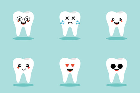Set of cute tooth emoji and emoticons with different facial expressions. healthy white cute cartoon tooth characters with different facial expressions. Oral dental hygiene emoticons.のイラスト素材