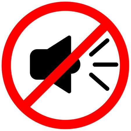 No sound or music icon. Isolated mute and warning illustration. Keep silence with forbidden and prohibited red sign.のイラスト素材