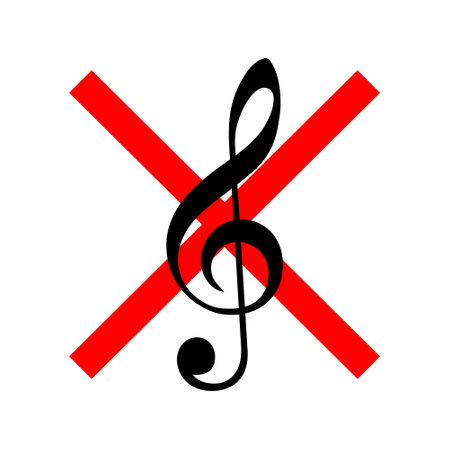 No sound or music icon. Isolated mute and warning illustration. Keep silence with forbidden and prohibited red sign.のイラスト素材