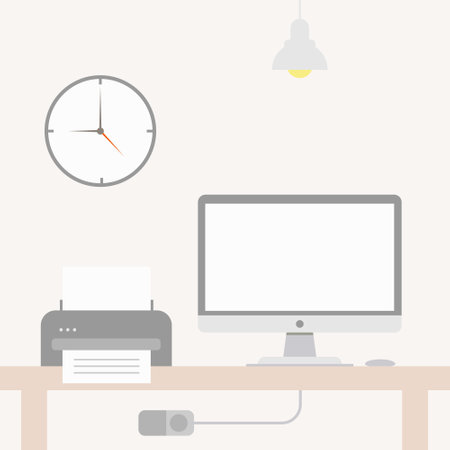 Office desk or table with computer. Business workspace or interior. Workplace in flat style. Vector illustration.のイラスト素材
