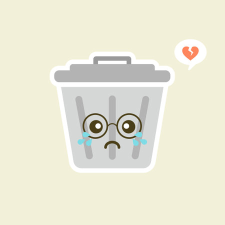 Recycle bin cartoon cute character in kawaii flat style. Tin trash bin. Metal waste container, functional trashcan. City health and function, street beautification and urban design concept.のイラスト素材