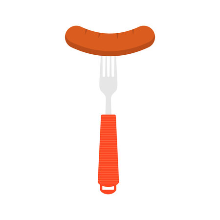 BBQ sausage vector illustration Logo Icon sausage on barbecue fork. Grilled sausage on fork icon. Hot sausage on fork isolated sign on white background. Vector illustrationのイラスト素材