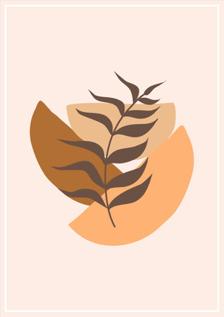 boho tropical leaf. natural shapes poster set in mid century style. Modern illustration: tropical leaf, geo elements for minimalist print, poster, boho wall decor, flat design Vector minimal artのイラスト素材