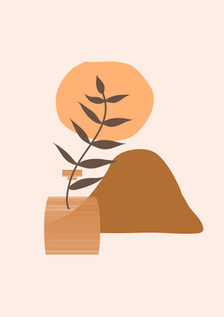 boho tropical leaf. natural shapes poster set in mid century style. Modern illustration: tropical leaf, geo elements for minimalist print, poster, boho wall decor, flat design Vector minimal artのイラスト素材