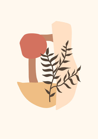 boho tropical leaf. natural shapes poster set in mid century style. Modern illustration: tropical leaf, geo elements for minimalist print, poster, boho wall decor, flat design Vector minimal artのイラスト素材