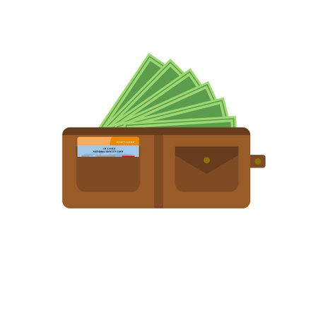 open wallet with banknotes, bank debit card and identity card flat design vector illustration. design for business, finance, banking, economics. Wallet with money dollar banknoteのイラスト素材